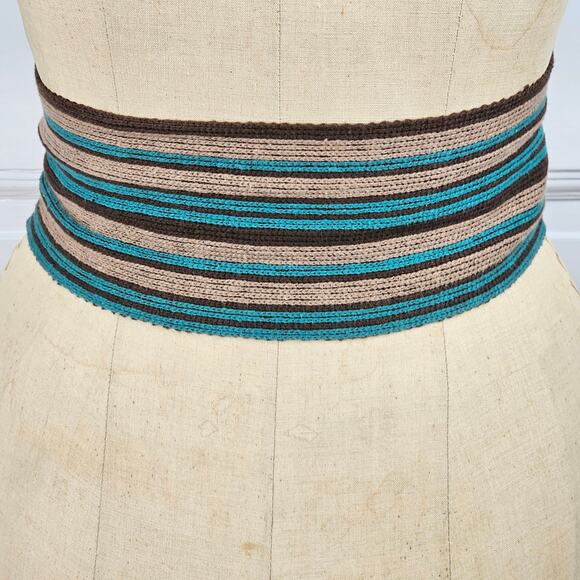 Vintage self tie boho ethnic brown aqua beige woven belt 4 x 37 - Picture 5 of 6